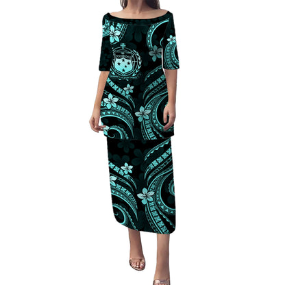 Samoa Combo Puletasi And Shirt Turquoise Island Crest Floral Style