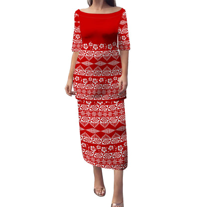Tonga Combo Puletasi And Shirt Ngatu Pattern Tapa With Hibiscus