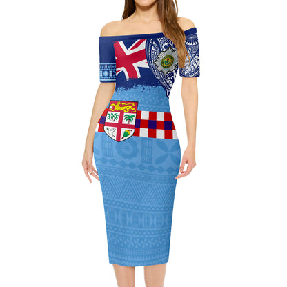 Fiji Short Sleeve Off The Shoulder Lady Dress Fijian UK Flag With Coat Of Arms