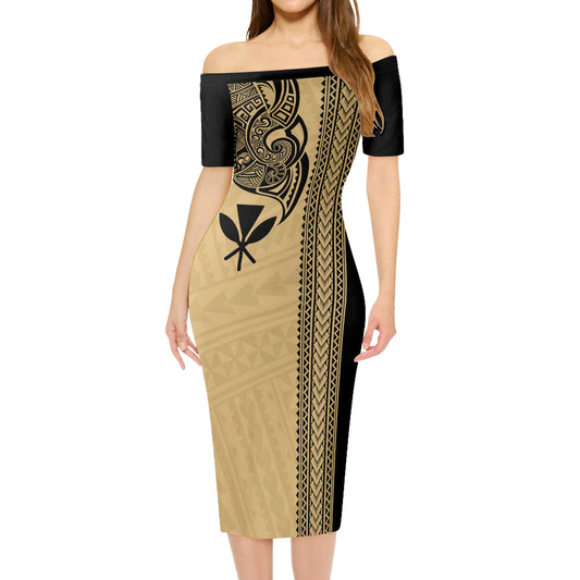 Hawaii Short Sleeve Off The Shoulder Lady Dress Polynesia Kanaka Tribal Tattoo
