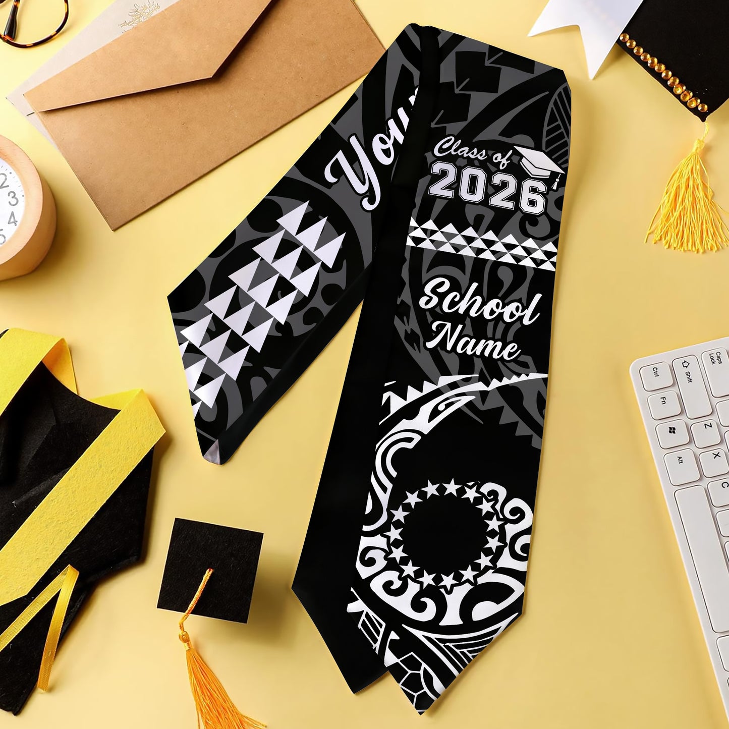 Cook Islands Graduation Stole Custom Class 2026 Tribal Kakau Style