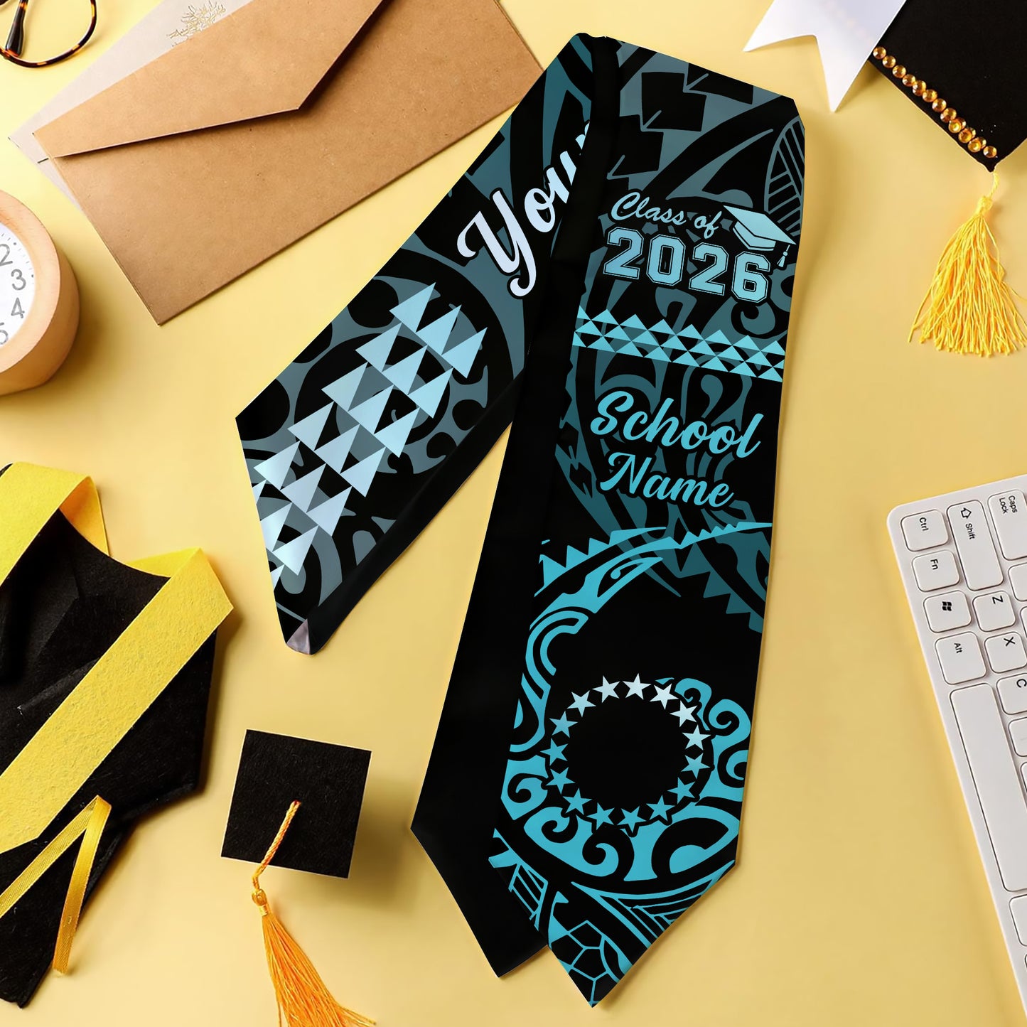 Cook Islands Graduation Stole Custom Class 2026 Tribal Kakau Style