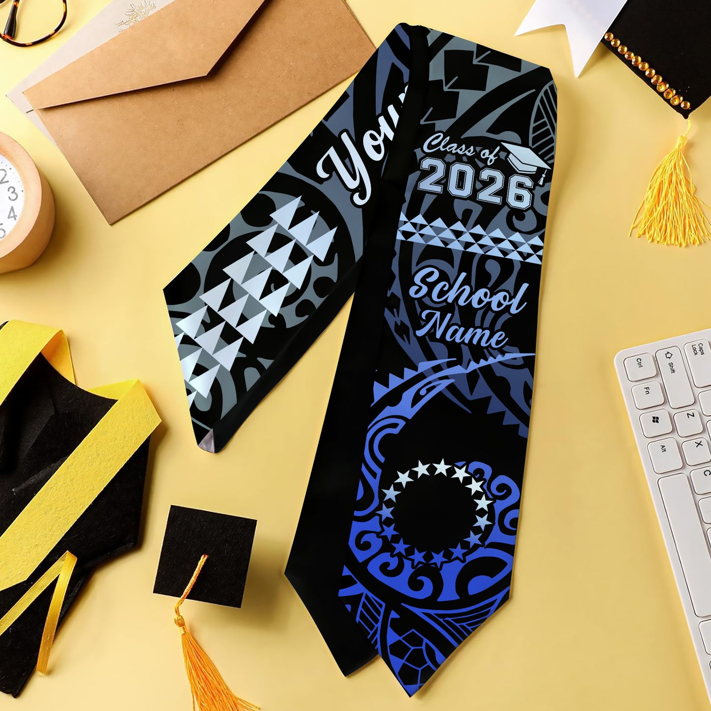 Cook Islands Graduation Stole Custom Class 2026 Tribal Kakau Style