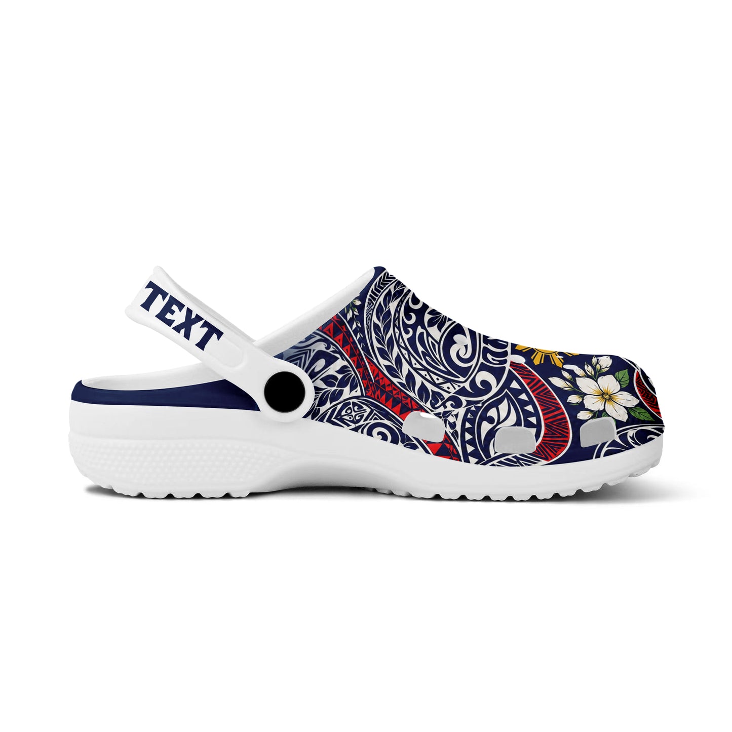 Philippines Filipinos Clogs Shoes Custom Text Polynesian Philippine Sun and Flower