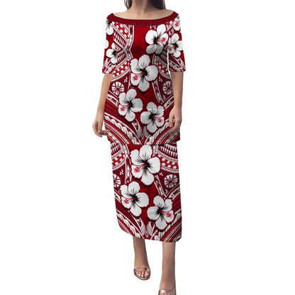 Fiji Combo Puletasi And Shirt Hibiscus Red Pattern