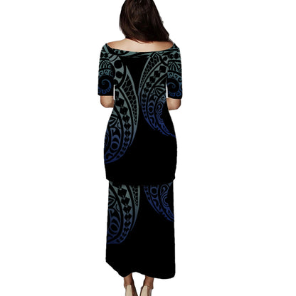 Chuuk State Combo Puletasi And Shirt Kakau Style Gradient Blue
