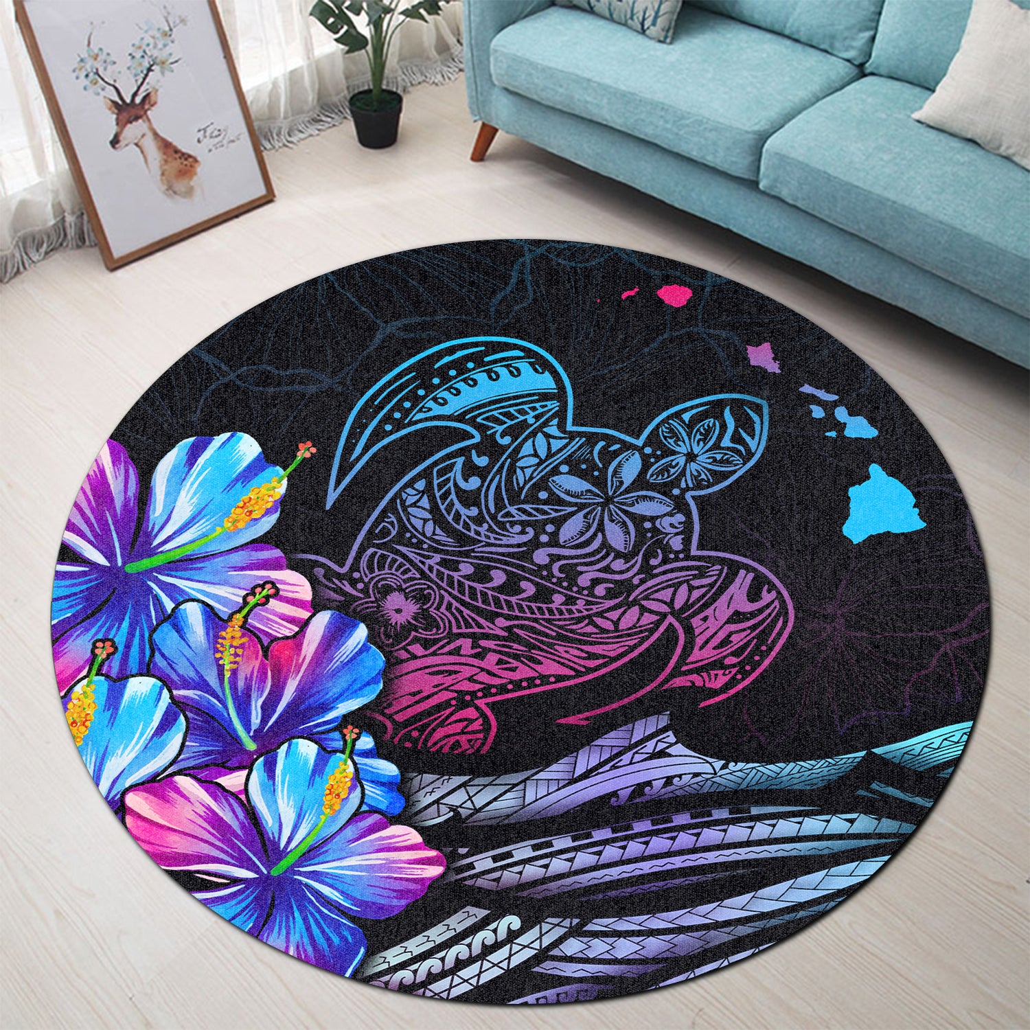 Hawaii Round Rug Turtle Hawaiian Map Polynesian Pen