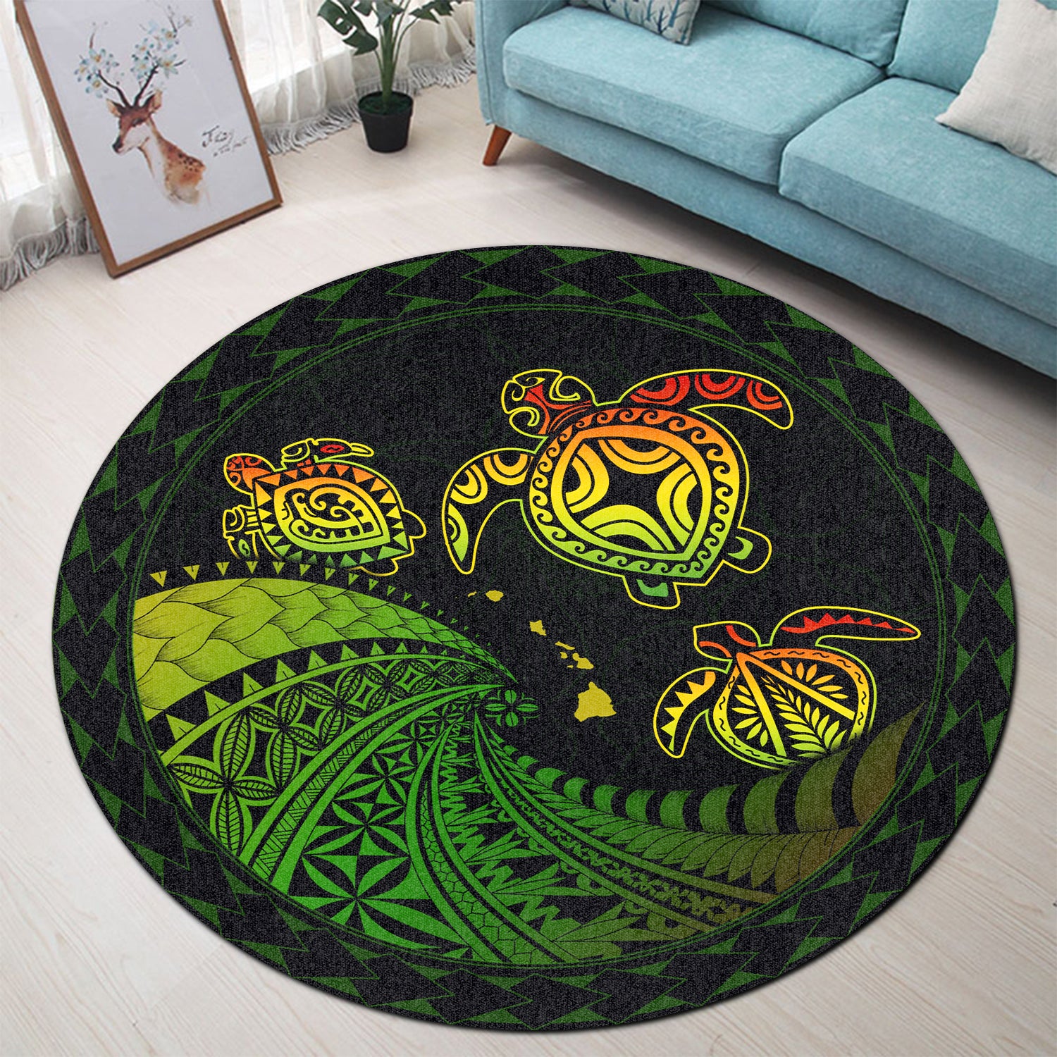 Hawaii Round Rug Turtle Hawaiian Map Polynesian San