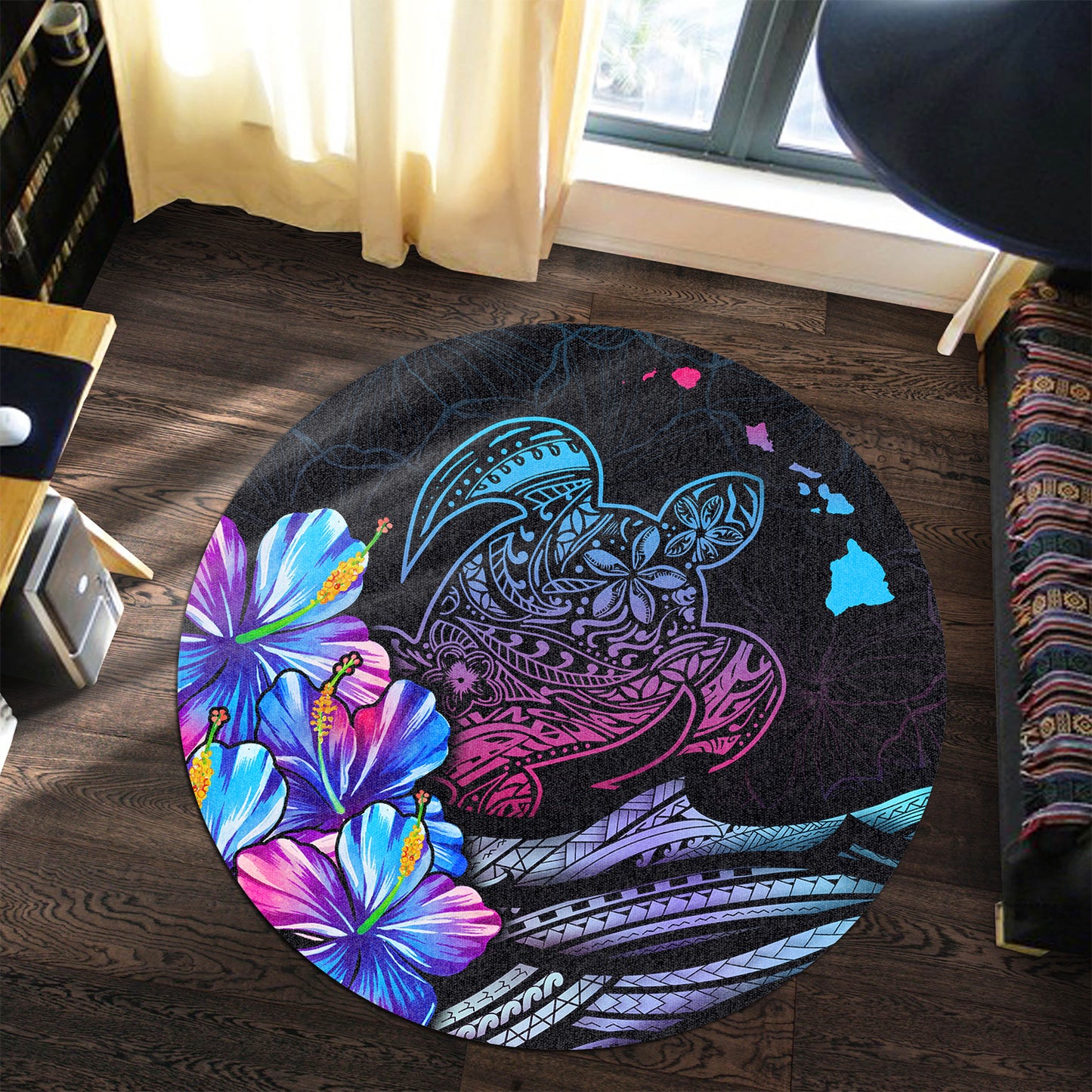 Hawaii Round Rug Turtle Hawaiian Map Polynesian Pen