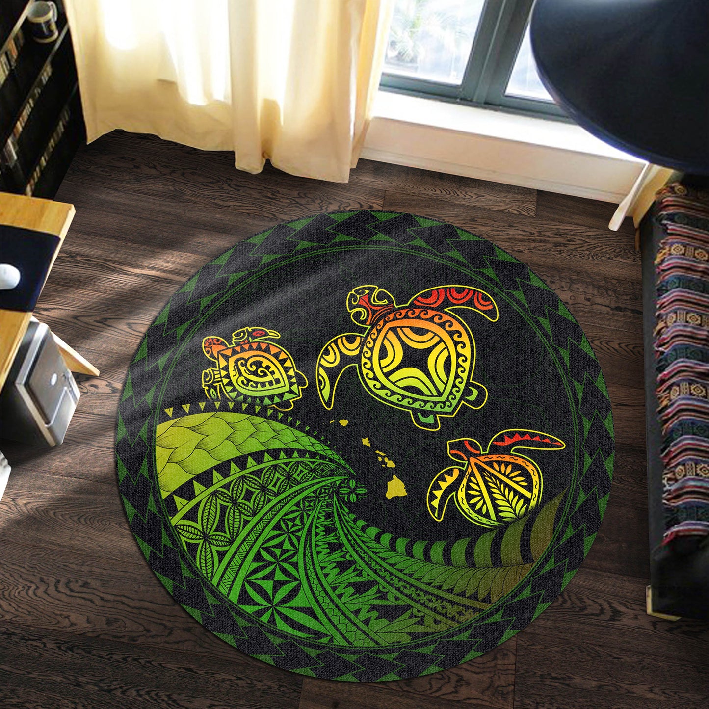 Hawaii Round Rug Turtle Hawaiian Map Polynesian San