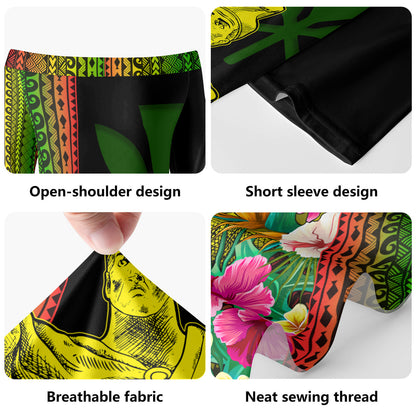 Hawaii Short Sleeve Off The Shoulder Lady Dress King Kamekameha With Tropical Flowers