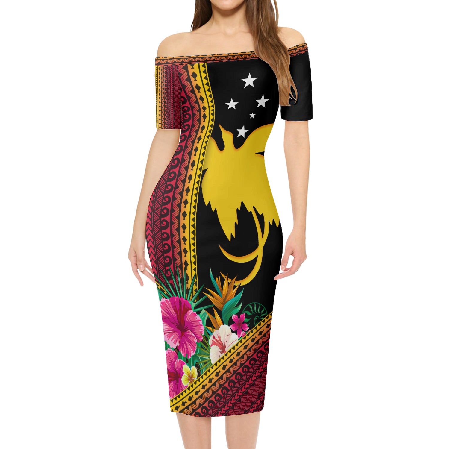 Papua New Guinea Short Sleeve Off The Shoulder Lady Dress Paradise Bird