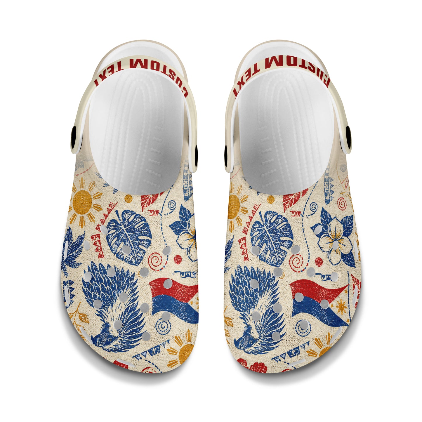 Philippines Filipinos Clogs Shoes Eagle Sun Flag Tropical Floral Vintage Stamp Style