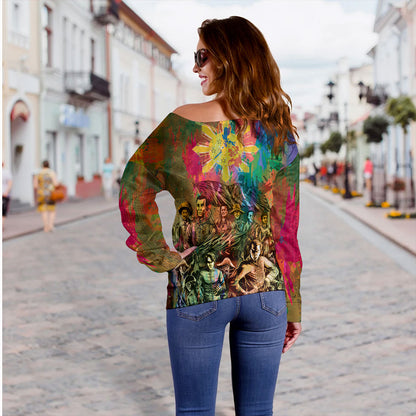 Philippines Filipinos Off Shoulder Sweatshirt National Heroes Brush Color Style