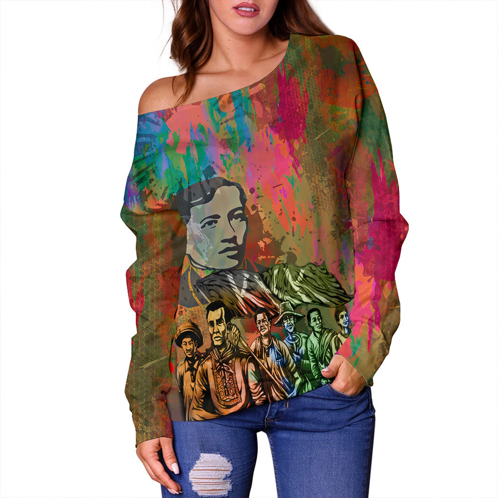 Philippines Filipinos Off Shoulder Sweatshirt National Heroes Brush Color Style