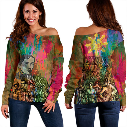 Philippines Filipinos Off Shoulder Sweatshirt National Heroes Brush Color Style