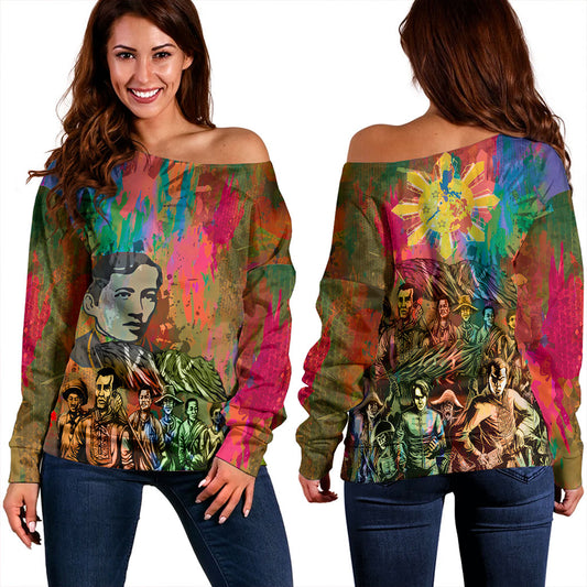 Philippines Filipinos Off Shoulder Sweatshirt National Heroes Brush Color Style