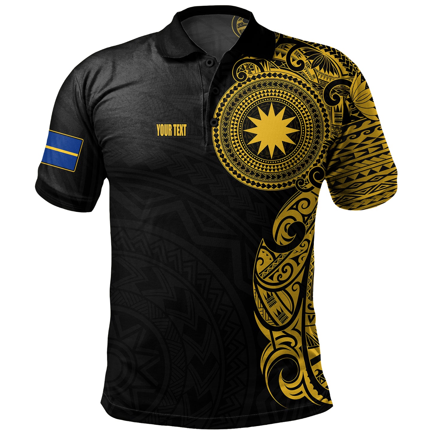 Nauru Polo Shirt Custom Polynesian Half Sleeve Gold Tattoo With Seal Black