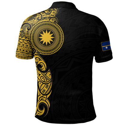 Nauru Polo Shirt Custom Polynesian Half Sleeve Gold Tattoo With Seal Black