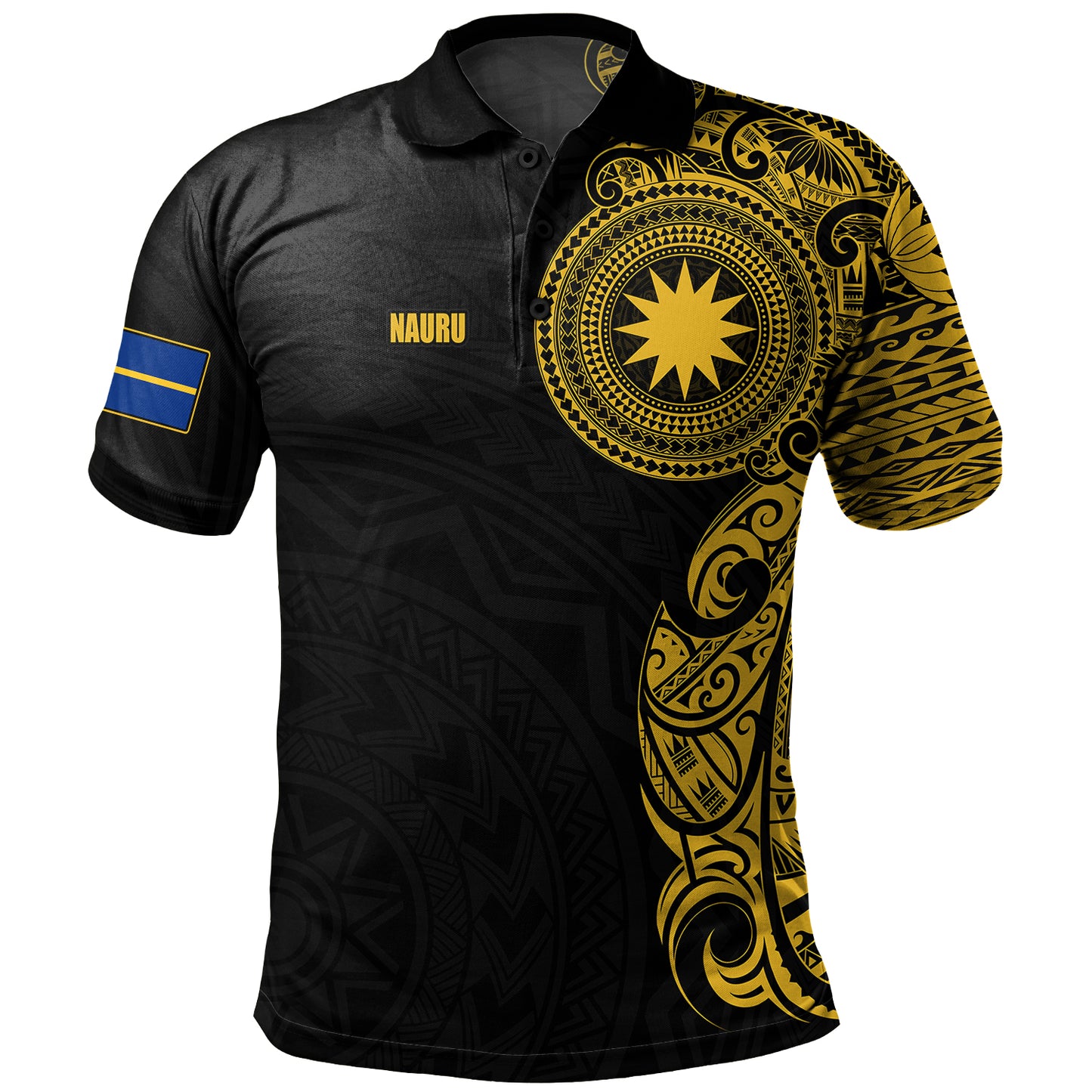 Nauru Polo Shirt Custom Polynesian Half Sleeve Gold Tattoo With Seal Black