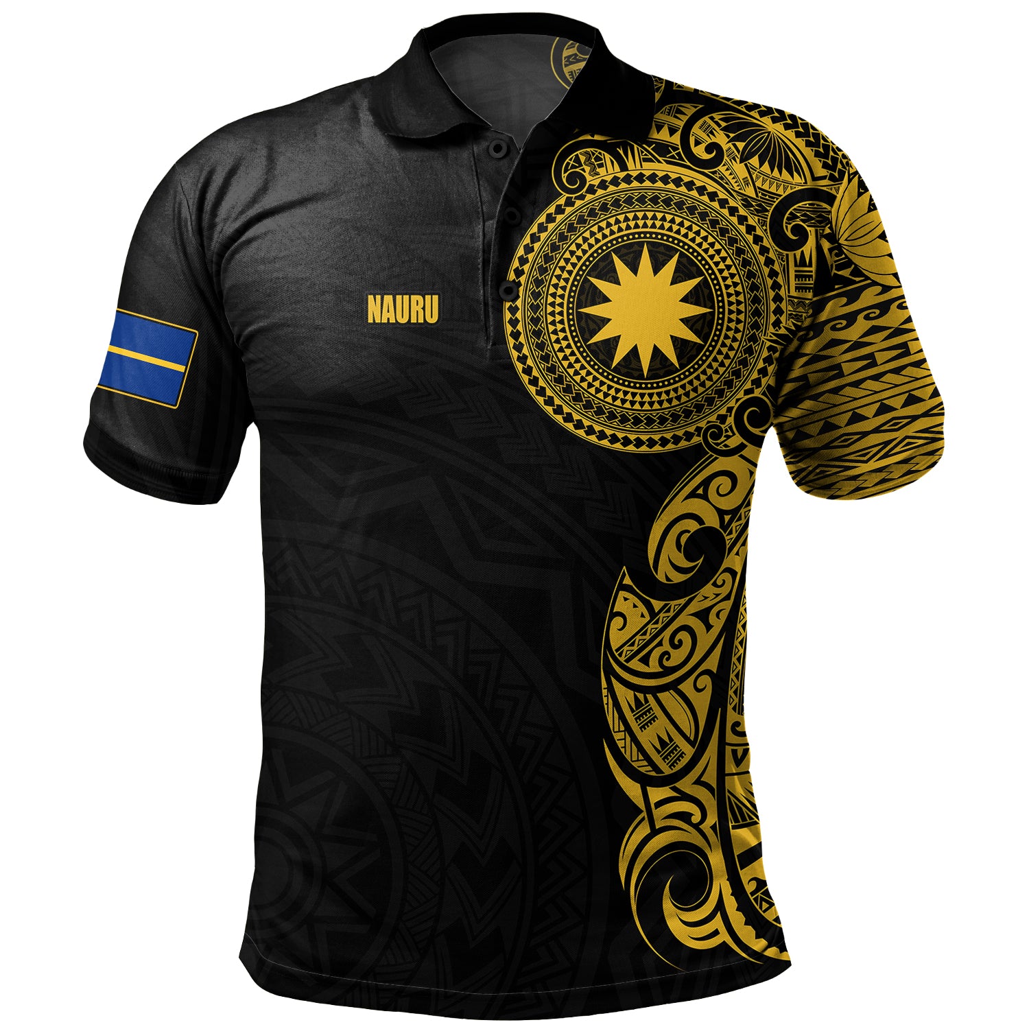 Nauru Polo Shirt Custom Polynesian Half Sleeve Gold Tattoo With Seal Black