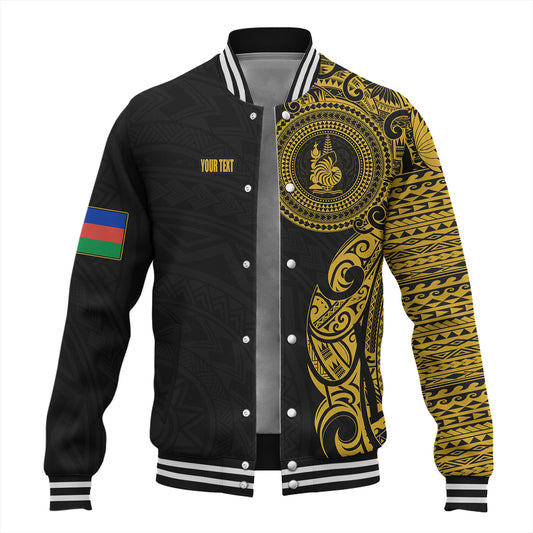 New Caledonia Baseball Jacket Custom Polynesian Half Sleeve Gold Tattoo With Seal Black