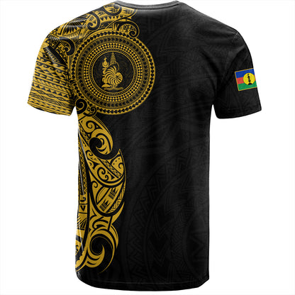 New Caledonia T-Shirt Custom Polynesian Half Sleeve Gold Tattoo With Seal Black