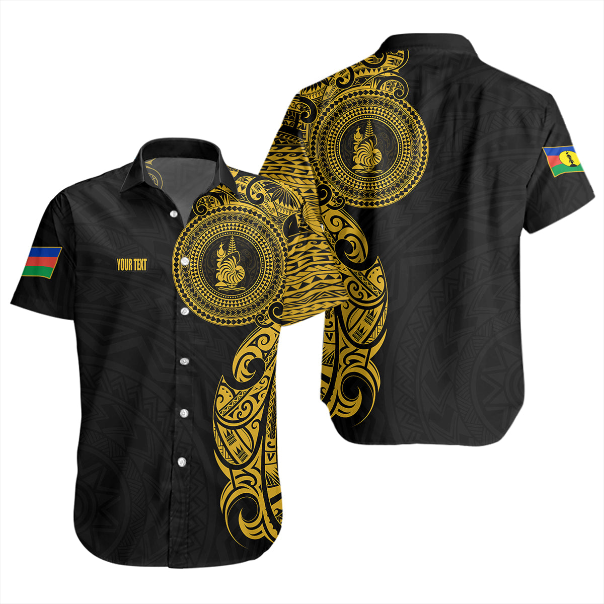 New Caledonia Short Sleeve Shirt Custom Polynesian Half Sleeve Gold Tattoo With Seal Black