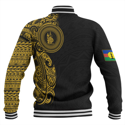 New Caledonia Baseball Jacket Custom Polynesian Half Sleeve Gold Tattoo With Seal Black