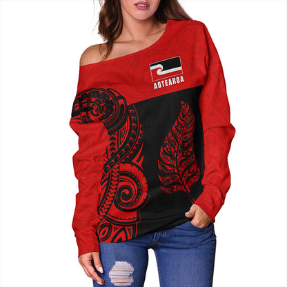 New Zealand Off Shoulder Sweatshirt Maori Pattern Aotearoa Silver Fern Tattoo