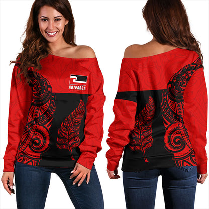 New Zealand Off Shoulder Sweatshirt Maori Pattern Aotearoa Silver Fern Tattoo