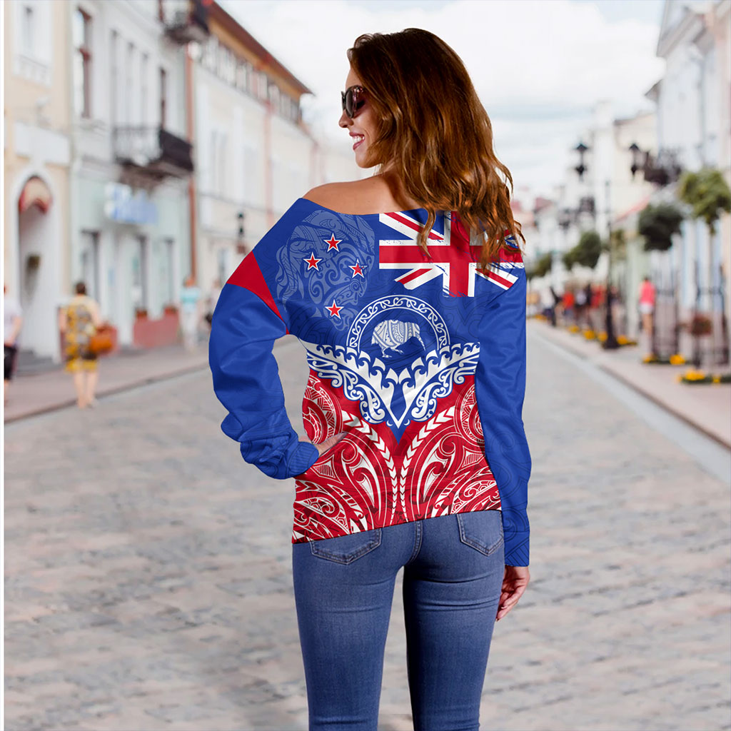 New Zealand Off Shoulder Sweatshirt Flag With Kiwi And Maori Pattern