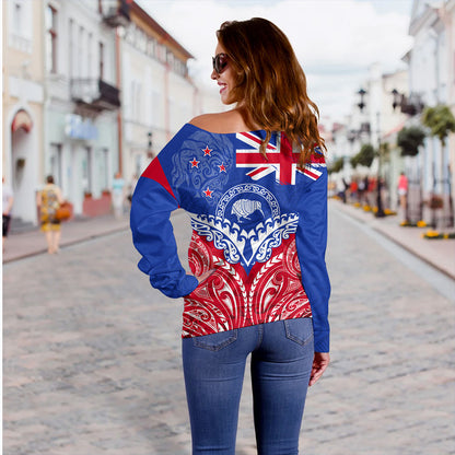 New Zealand Off Shoulder Sweatshirt Flag With Kiwi And Maori Pattern