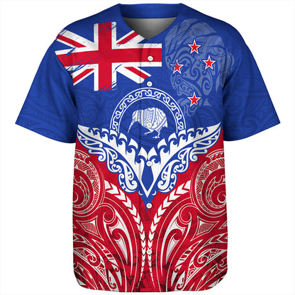 New Zealand Baseball Shirt Flag With Kiwi And Maori Pattern