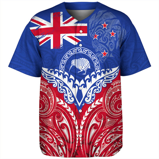 New Zealand Baseball Shirt Flag With Kiwi And Maori Pattern
