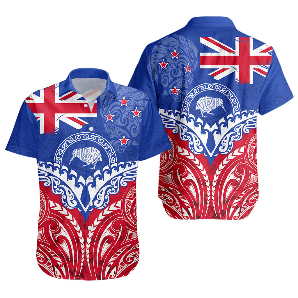 New Zealand Short Sleeve Shirt Flag With Kiwi And Maori Pattern