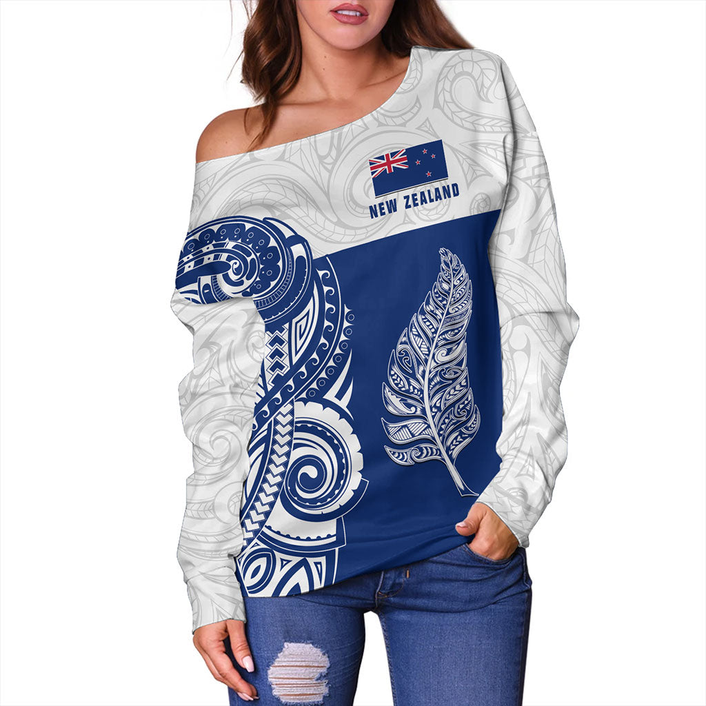 New Zealand Off Shoulder Sweatshirt Maori Pattern Silver Fern Tattoo