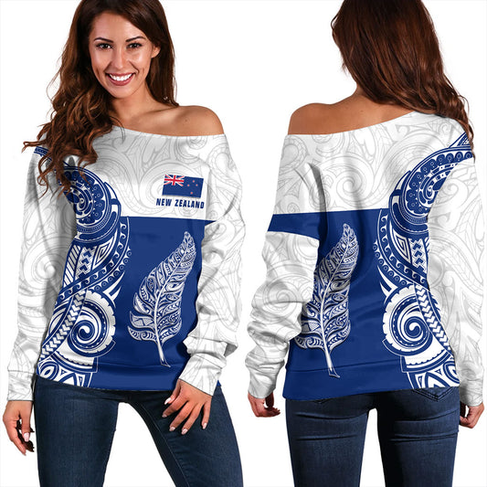 New Zealand Off Shoulder Sweatshirt Maori Pattern Silver Fern Tattoo