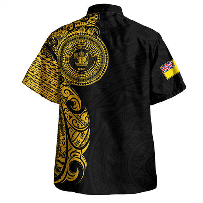 Niue Hawaiian Shirt Custom Polynesian Half Sleeve Gold Tattoo With Seal Black