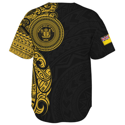Niue Baseball Shirt Custom Polynesian Half Sleeve Gold Tattoo With Seal Black