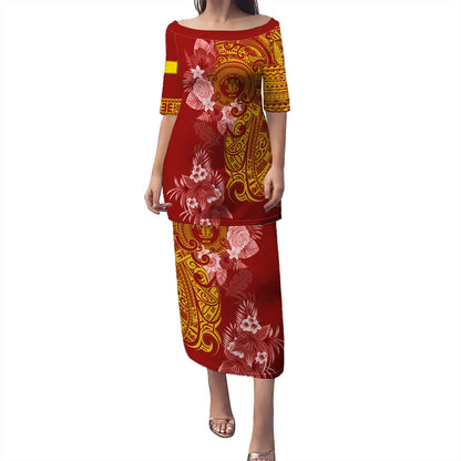 Niue Combo Puletasi And Shirt Polynesian Tropical Plumeria Tribal Red