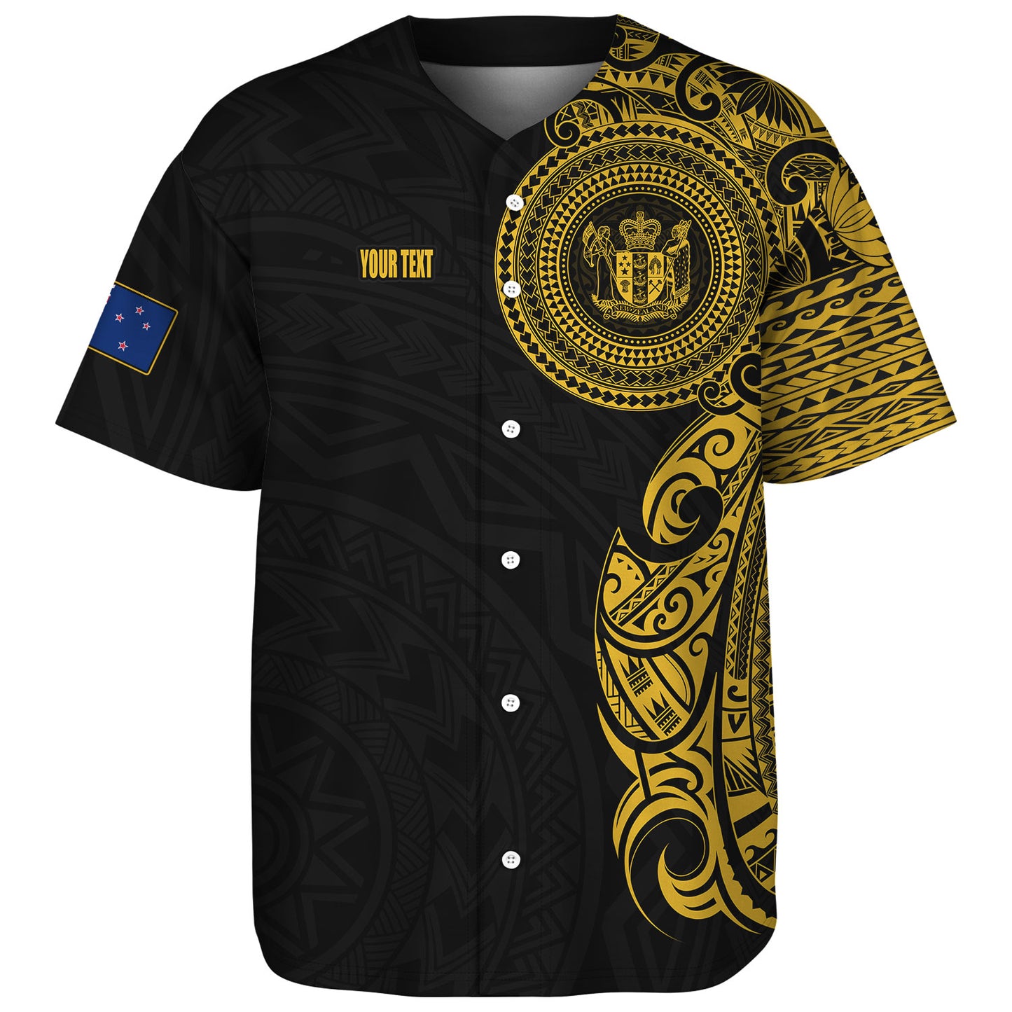 New Zealand Baseball Shirt Custom Polynesian Half Sleeve Gold Tattoo With Seal Black
