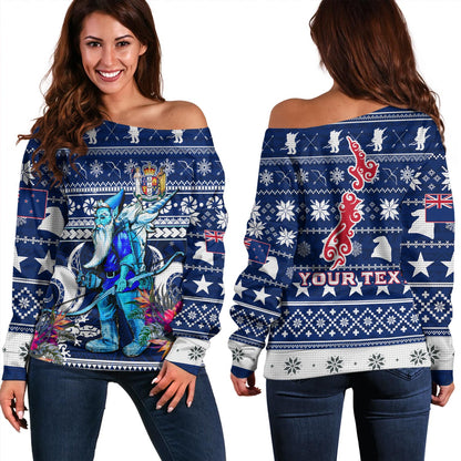 New Zealand Off Shoulder Sweatshirt Custom Meri Kirihimete Ugly Christmas Gnome Packing Out a Unicorn