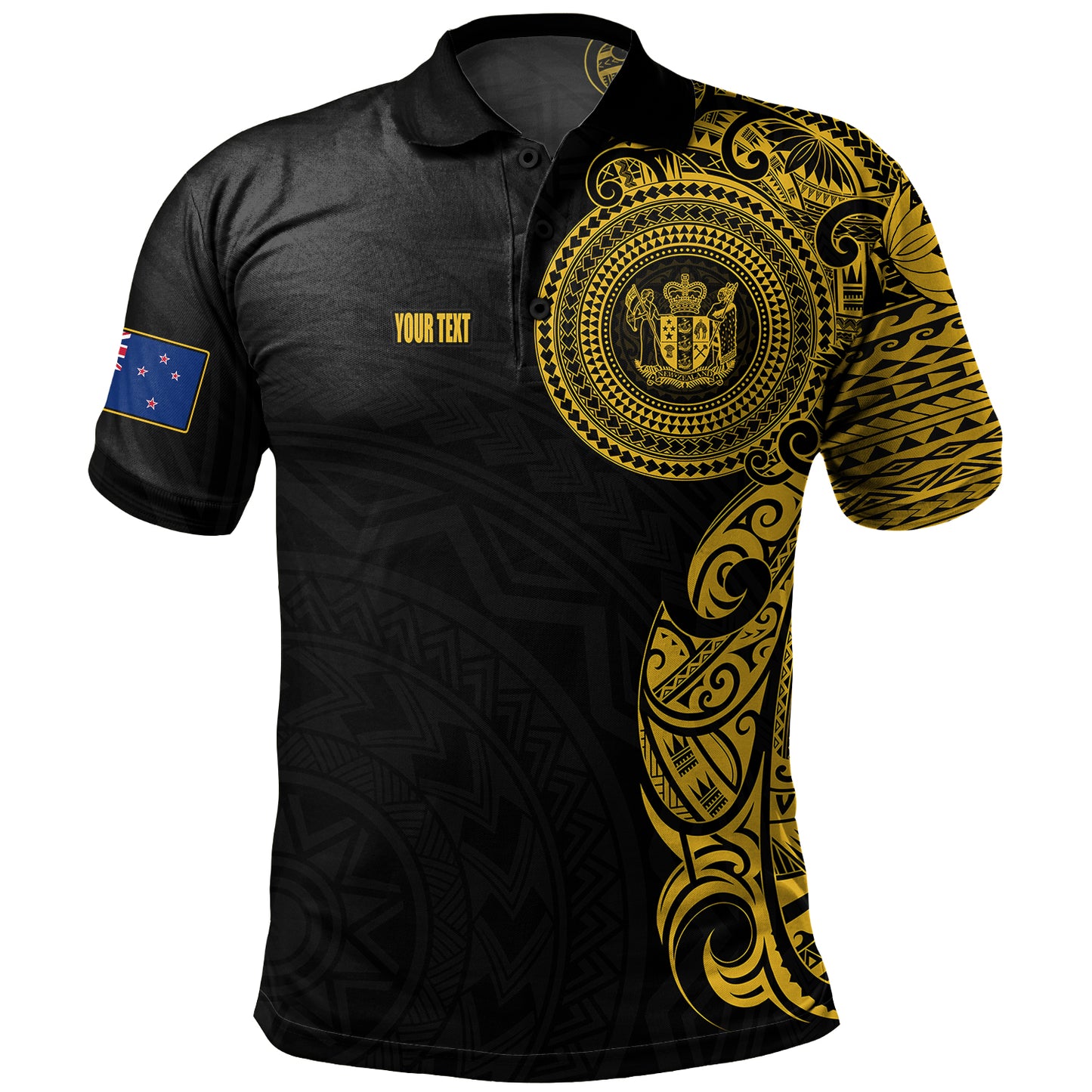 New Zealand Polo Shirt Custom Polynesian Half Sleeve Gold Tattoo With Seal Black
