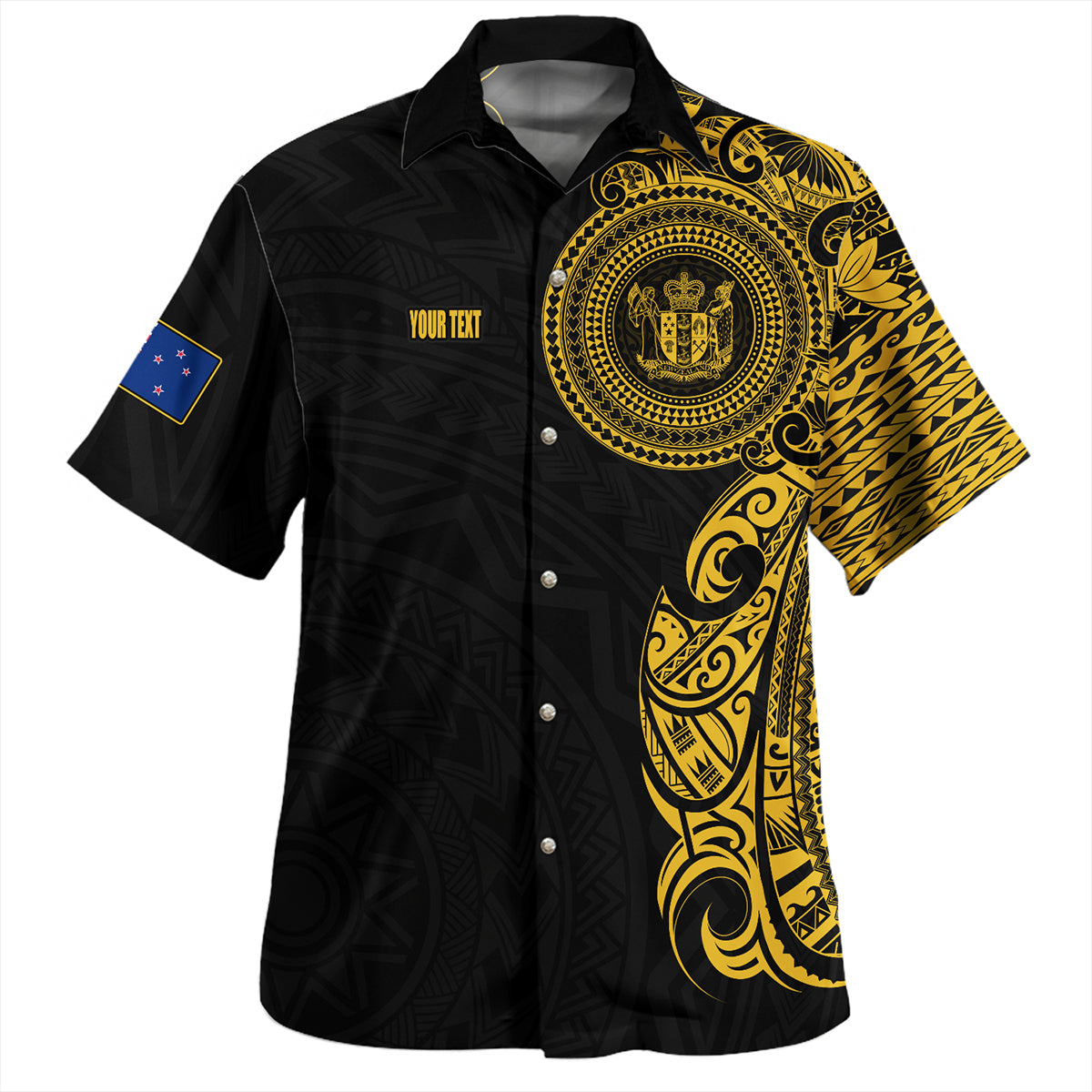 New Zealand Hawaiian Shirt Custom Polynesian Half Sleeve Gold Tattoo With Seal Black