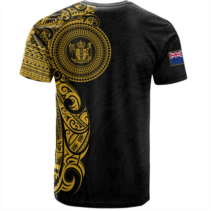 New Zealand T-Shirt Custom Polynesian Half Sleeve Gold Tattoo With Seal Black
