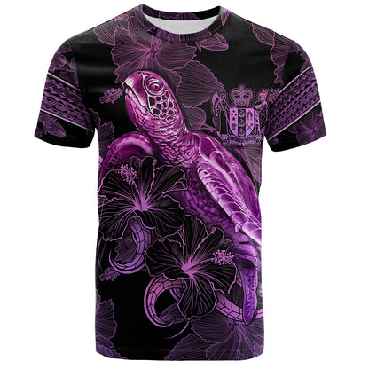 New Zealand T-Shirt Sea Turtle With Blooming Hibiscus Flowers Tribal Purple