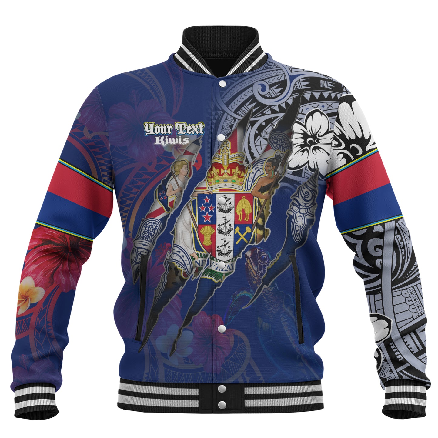New Zealand Baseball Jacket Custom Kiwis Blood Inside Me Polynesian Sleeve Tattoo Tropical Blue