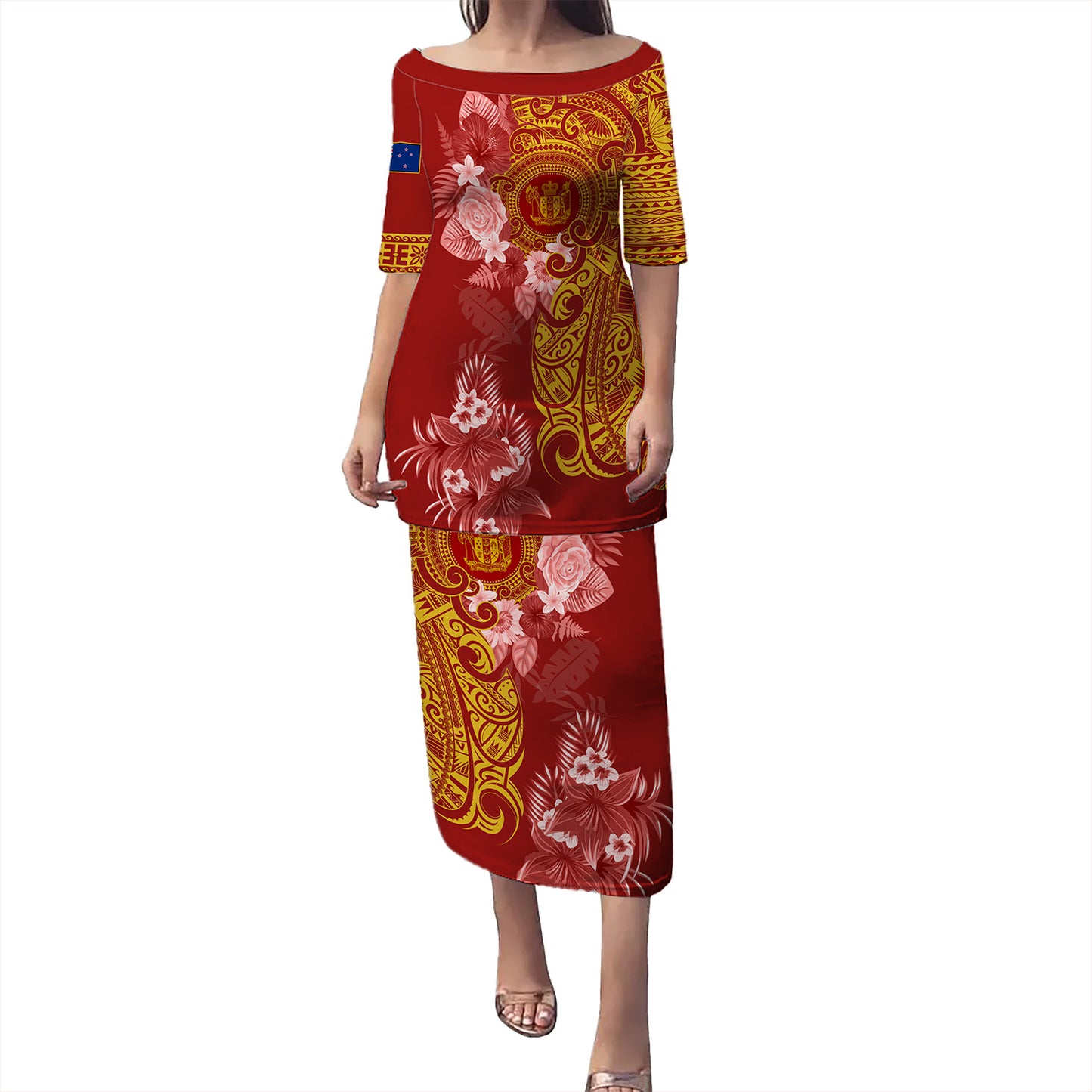 New Zealand Combo Puletasi And Shirt Polynesian Tropical Plumeria Tribal Red