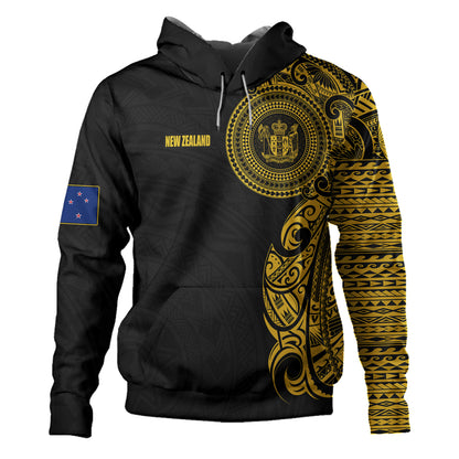 New Zealand Hoodie Custom Polynesian Half Sleeve Gold Tattoo With Seal Black
